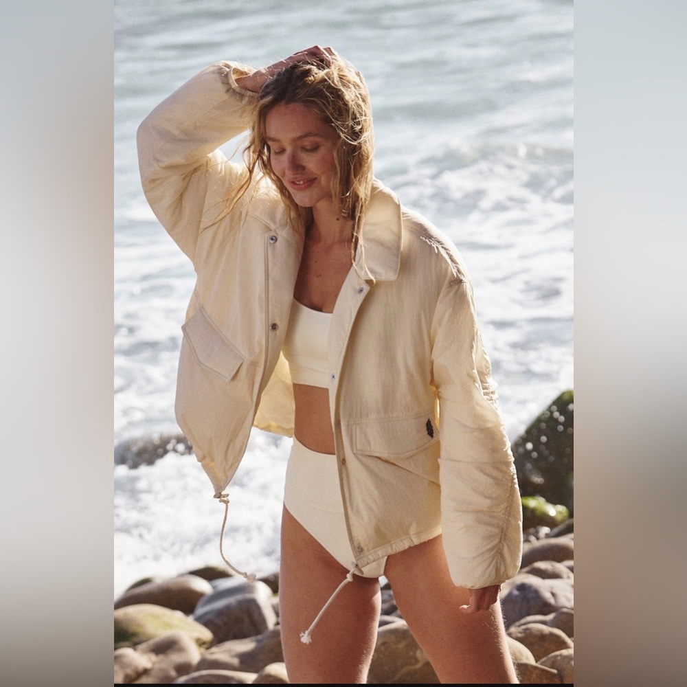 Free People Movement Off the Bleachers Coaches Jacket in Sea Salt Size Small NWT